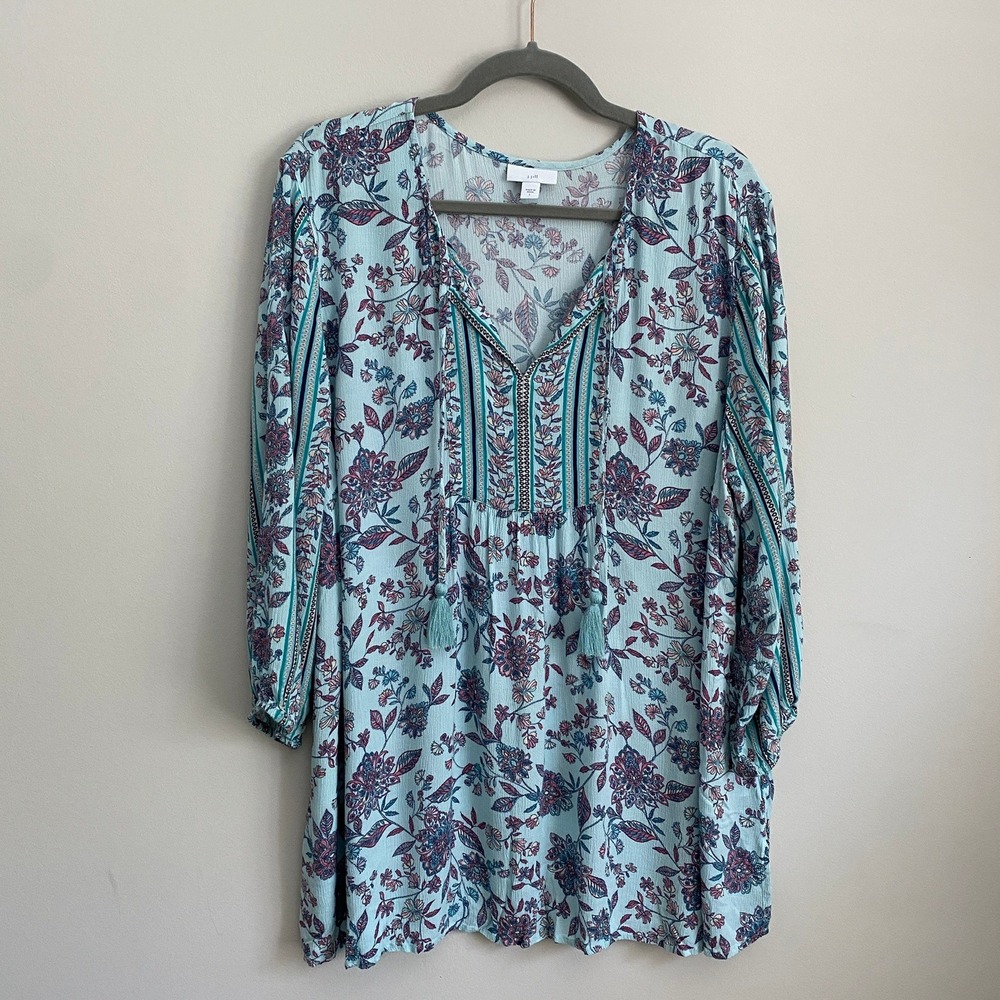 J Jill Floral Paisley Tunic Top Large Boho Long Sleeve Peasant Ethereal Relaxed